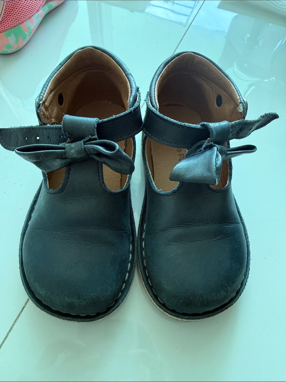 Lola Palacios Blue Leather Bow Strap Mary Jane Dress Shoes